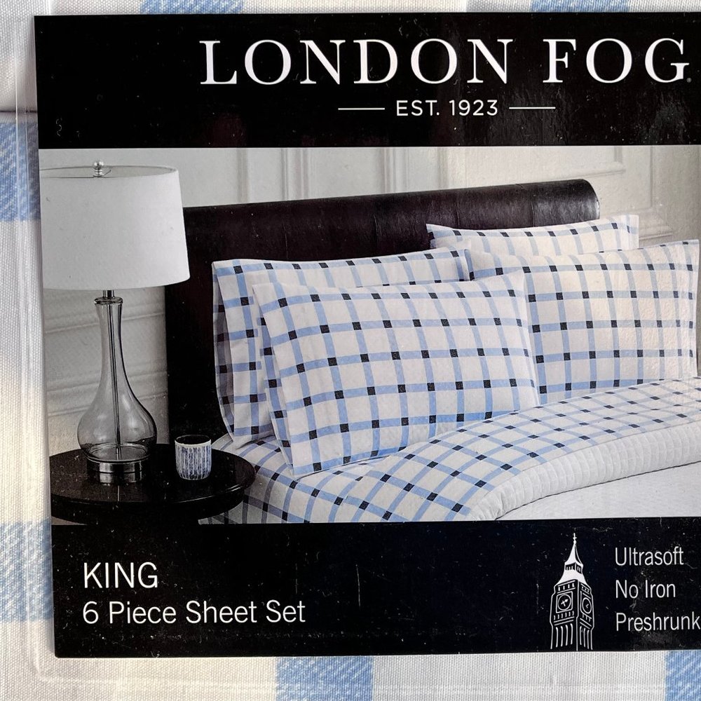 6-PC London Fog KING Sheet Set - blues & white plaid - Easy Care Polyester
